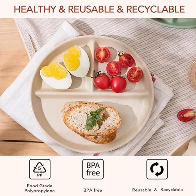 PUPOPIK 9" Unbreakable Divided Plates Set of 5, Wheat Straw Plate Reusable - Image 7