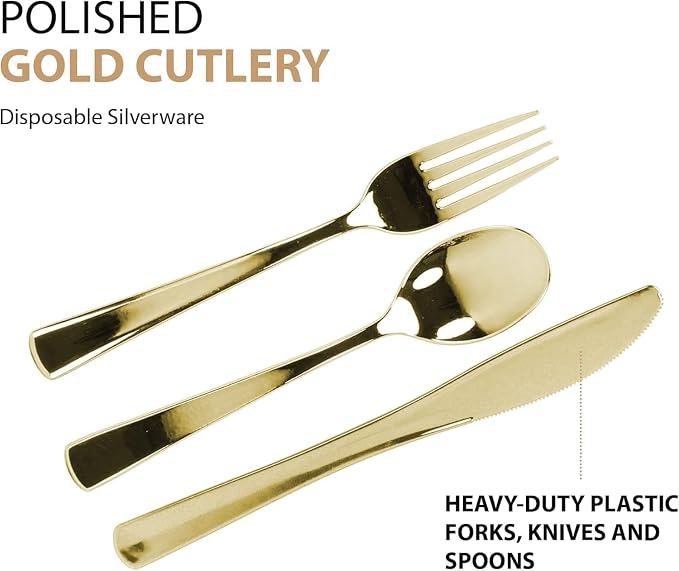 960 Piece Gold Plastic Silverware, Extra Heavyweight Disposable Cutlery Set - Image 2
