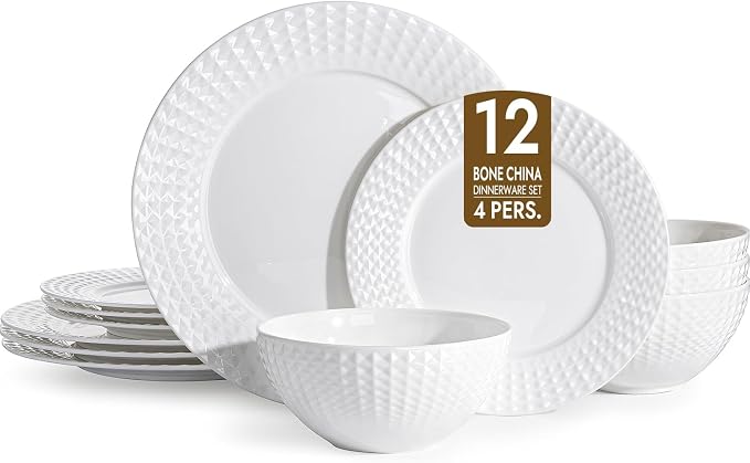 12Pc Rhombus Edge White Bone China Set, Service by KINGSTONE