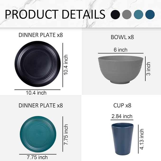 32 Pcs Assorted Colors Wheat Straw Dinnerware Set - Image 2