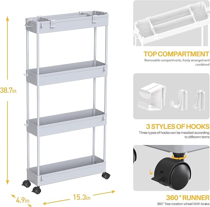 2-piece Set Slim Storage Cart 3 Tier, Bathroom Organizer Rolling Utility - Image 2