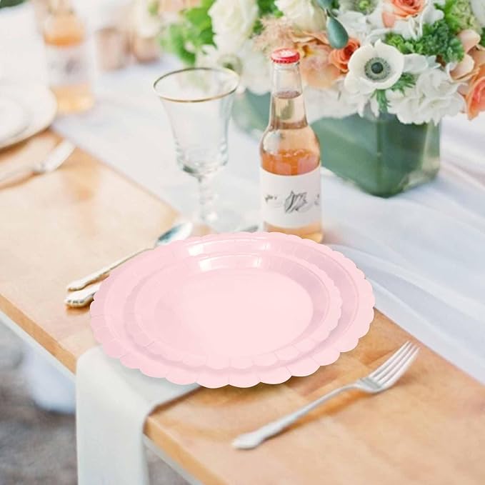 50 Pcs Light Pink Scalloped Paper Plates 25 × 7'' and 25 × 9'' Disposable Pink - Image 5