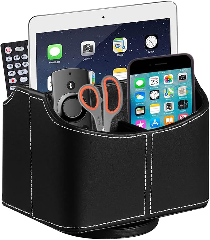 PU Leather Remote Control Holder, 360 Degree Spinning Desk TV Remote Caddy by Arniche