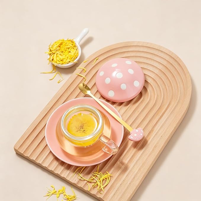 Mushroom Tea Cup Set, Cute Glass Tea Cups and Saucers, Kawaii Teacup - Image 3