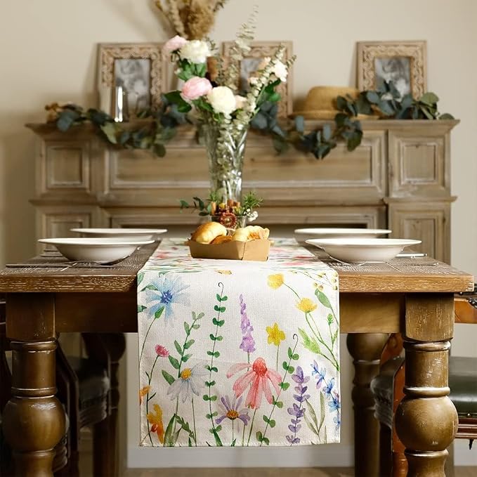 Spring Table Runner 13x72 Inch, Watercolor Wildflower Floral - Image 2