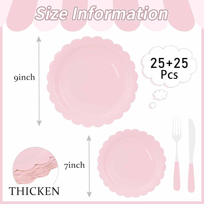50 Pcs Light Pink Scalloped Paper Plates 25 × 7'' and 25 × 9'' Disposable Pink - Image 3