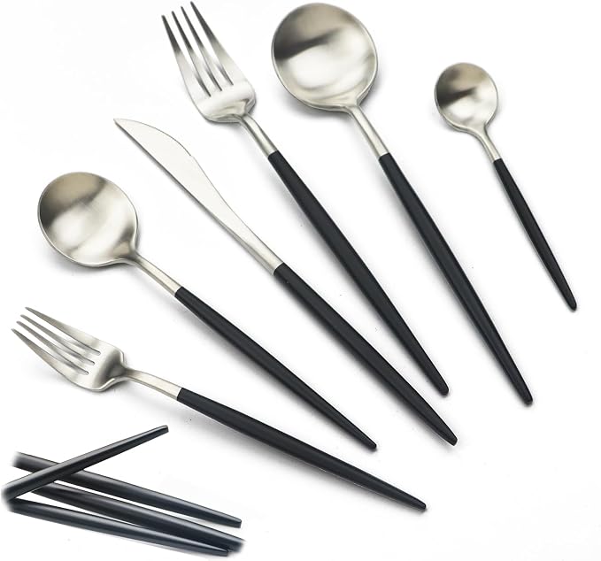 JASHII 18/10 Black Handle Flatware Silver Silverware Set 304 Stainless Steel by JASHII