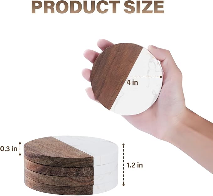 Coasters Set of 4 for Drinks, Marble-Wood Spliced Coaster for Tabletop - Image 2