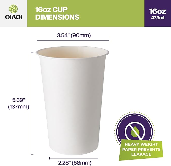 CIAO! 16oz White Paper Hot Cup, Disposable, 90mm Diameter 1 - Image 4