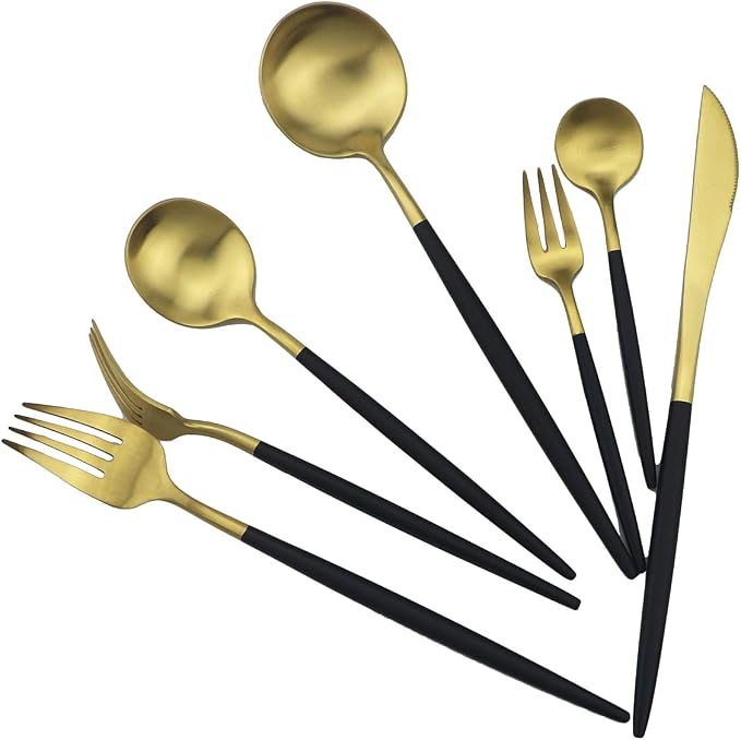 Black Gold Flatware, Royal 4 Piece Matte Black Handle 18/10 Stainless Steel Pie - Image 4