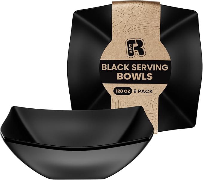 R-kay 6 Pack Square Extra Large Plastic Black Serving Bowls -128 Oz Black by R-KAY