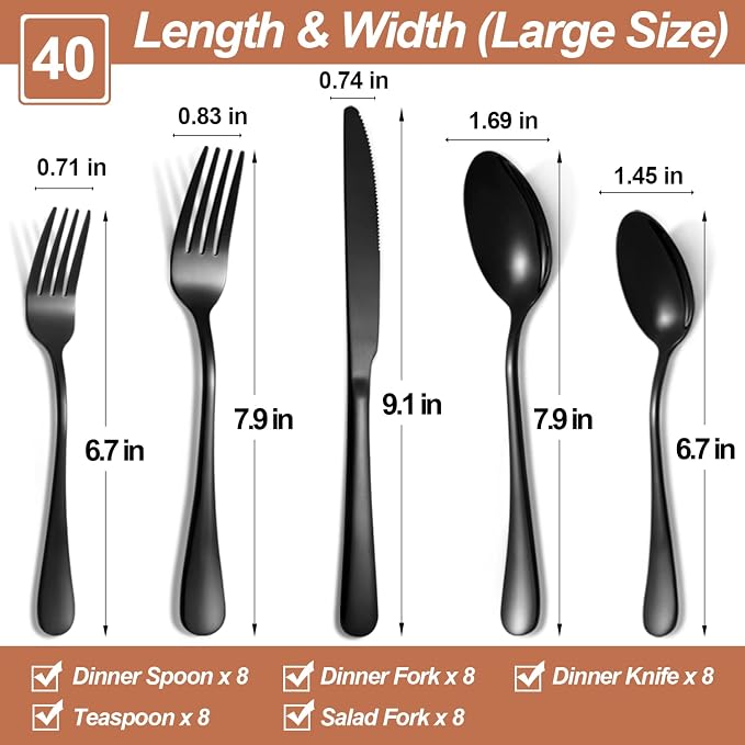 40 Pcs Black Silverware Set for 8, Food Grade Stainless Steel Flatware Set - Image 2