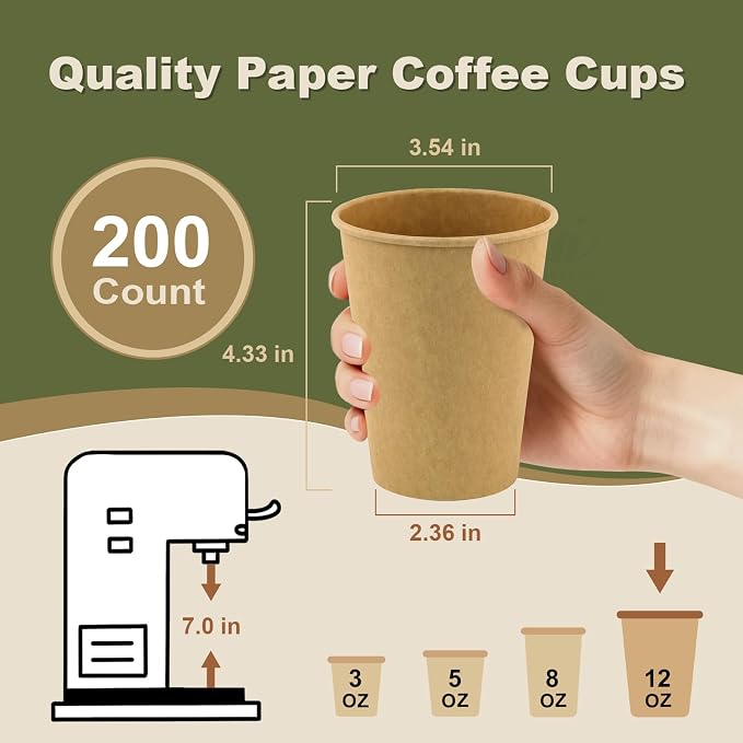 12 oz 200 Pack Disposable Coffee Cups, Bulk Brown Disposable Paper Cups - Image 3
