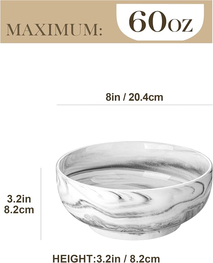 MALACASA Large Serving Bowls, 60 OZ Ceramic Salad Bowls Set of 2 | Marble Grey - Image 2