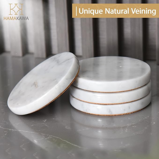 Real Natural Marble Coasters Set of 4, Carrara White Coaster 4 inch, Modern - Image 5