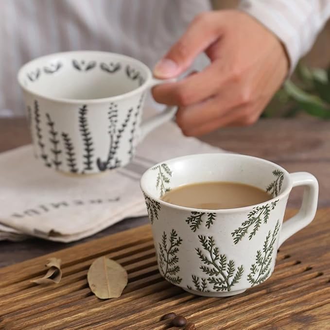 12 Ounce Ceramic Mug Set of 3 Embossed Leaf Ceramic Coffee Mugs, Vintage - Image 9