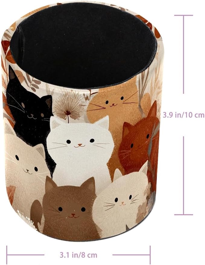 Leather Pen Holder for Desk, Colored Cats Pattern Pencil Cup Pen Organizer - Image 3