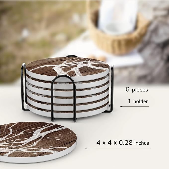 UMIRRO Absorbent Ceramic Stone Coasters Set of 6 w/Holder, Woodland Branch | - Image 4