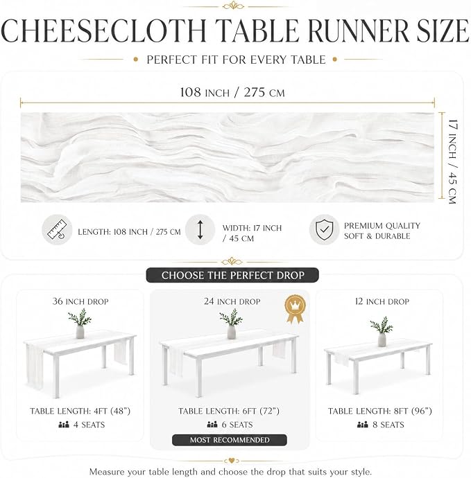 12 Pack White Cheesecloth Table Runner 17x108 Inch Boho Rustic Semi Sheer Gauze - Image 3