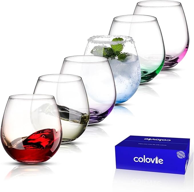 ColoVie Stemless Wine Glasses set of 6, Colored Cocktail Cups, Party Glass | by Colovie
