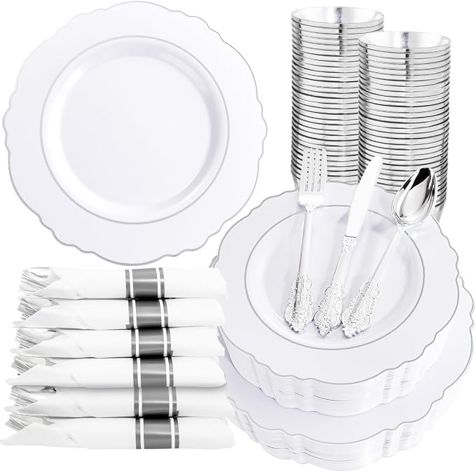350PCS Silver Plastic Plates-Disposable White and Silver Plates 50guest Baroque by Liacere