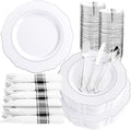 350PCS Silver Plastic Plates-Disposable White and Silver Plates 50guest Baroque by Liacere