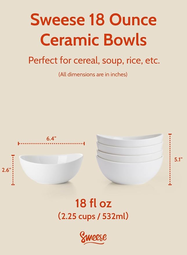 Sweese Porcelain Bowls Set of 4-18oz, 6 Inch, Versatile - Image 2