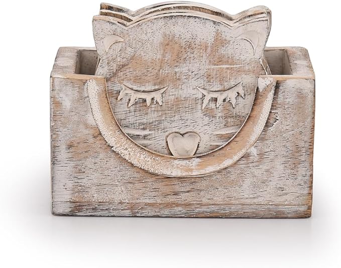 Wooden Crafted Unique Adorable Cat Shaped Coasters Set of 6 - Image 2