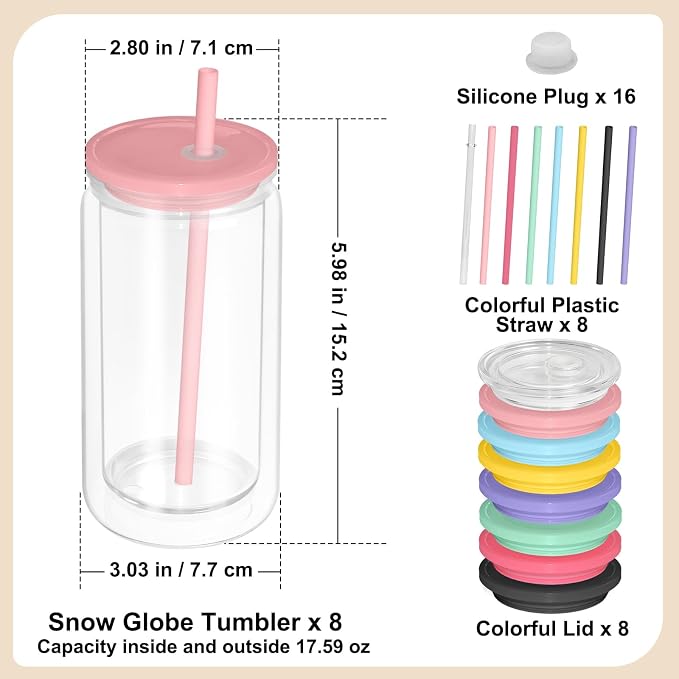 8 PCS Plastic Snow Globe Tumbler, 16Oz Pre-Drilled Double Wall Snowglobe Cup | - Image 2