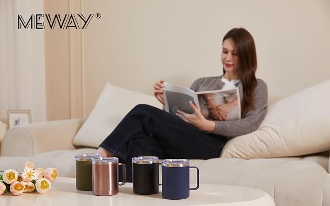 MEWAY 12oz Coffee Mug With Handle and Sliding Lid, Stainless Steel Travel - Image 9