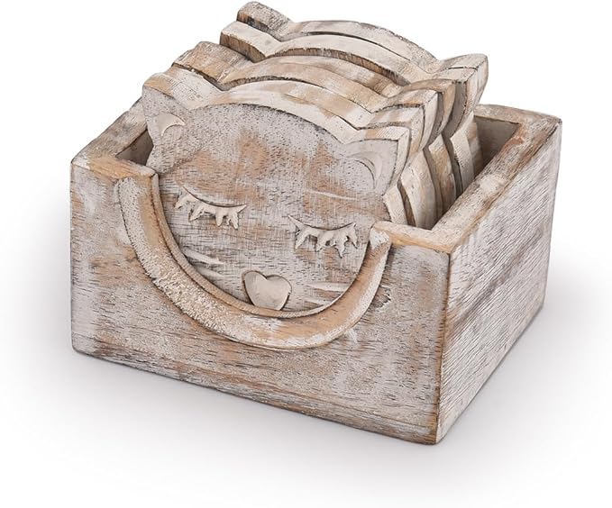 Wooden Crafted Unique Adorable Cat Shaped Coasters Set of 6 by NIRMAN