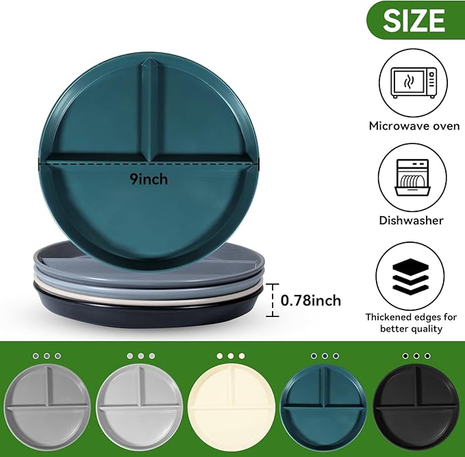 Portion Control Plate For Adults 9 Inch 5Pcs, Round Divided Plates for Adults - Image 5