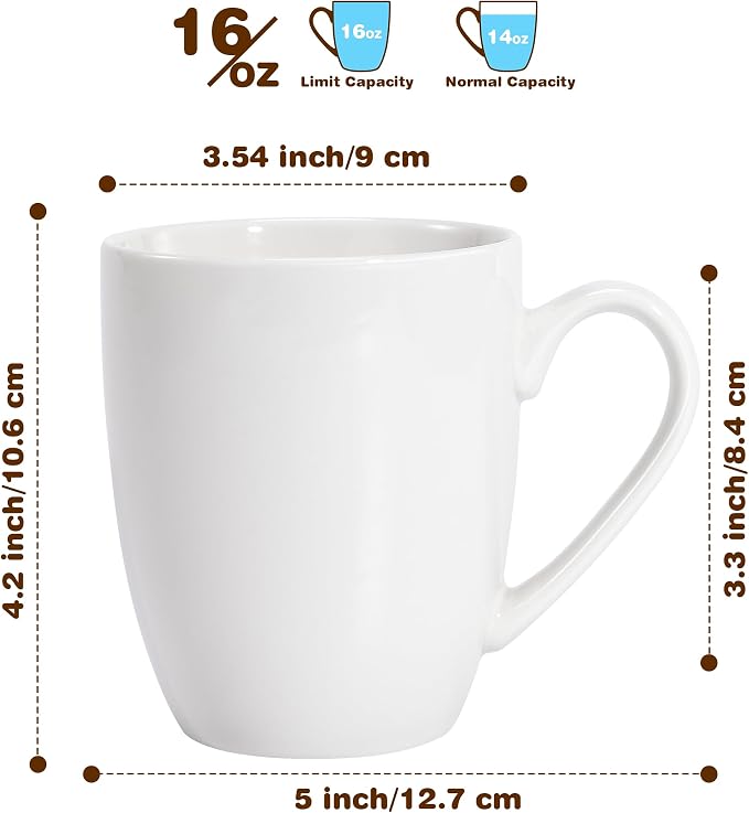 Urbanstrive 16 oz Large Coffee Mugs Set of 6 Ceramic Coffee Mug White Coffee - Image 2