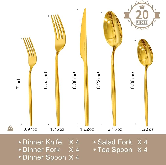 18/10 Silverware Set for 4, 20 Piece Gold Stainless Steel Flatware Cutlery | - Image 2