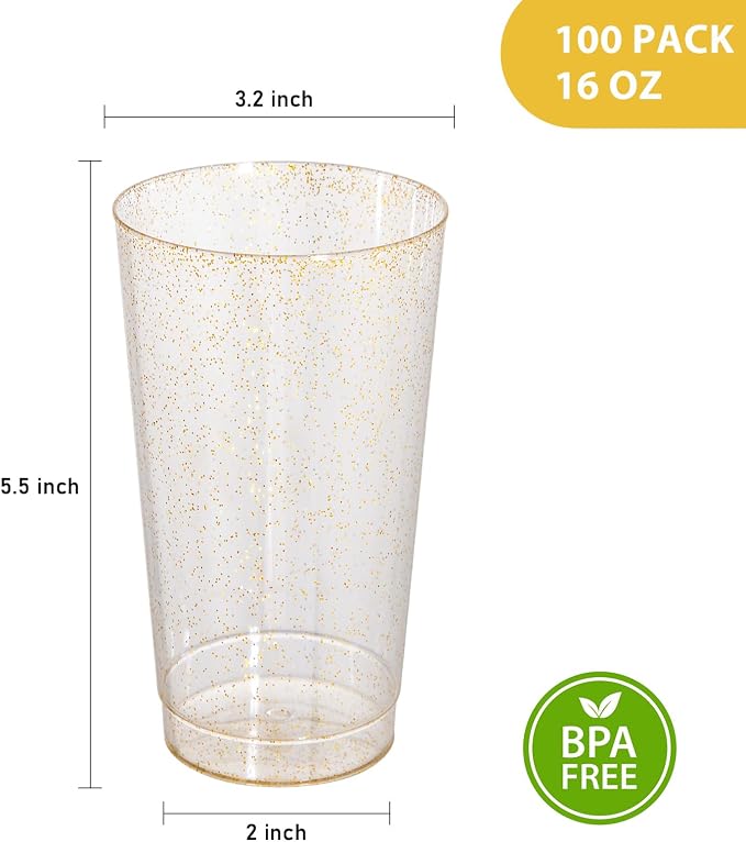 I00000 16 oz Gold Plastic Cups, 100 Pack Gold Glitter Plastic Cups Tumblers - Image 4