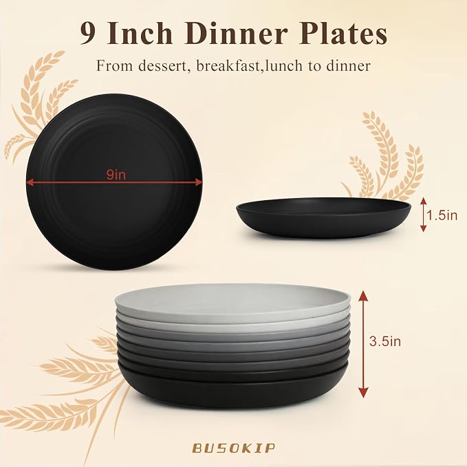 Salad Plates Set of 8, Unbreakable Wheat Straw Plates 9 Inch, Microwavable - Image 2