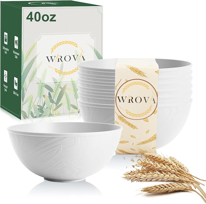 White Wheat Straw Bowls for Cereal and Salad, Alternative Plastic Bowls Set of 6 by WROVA