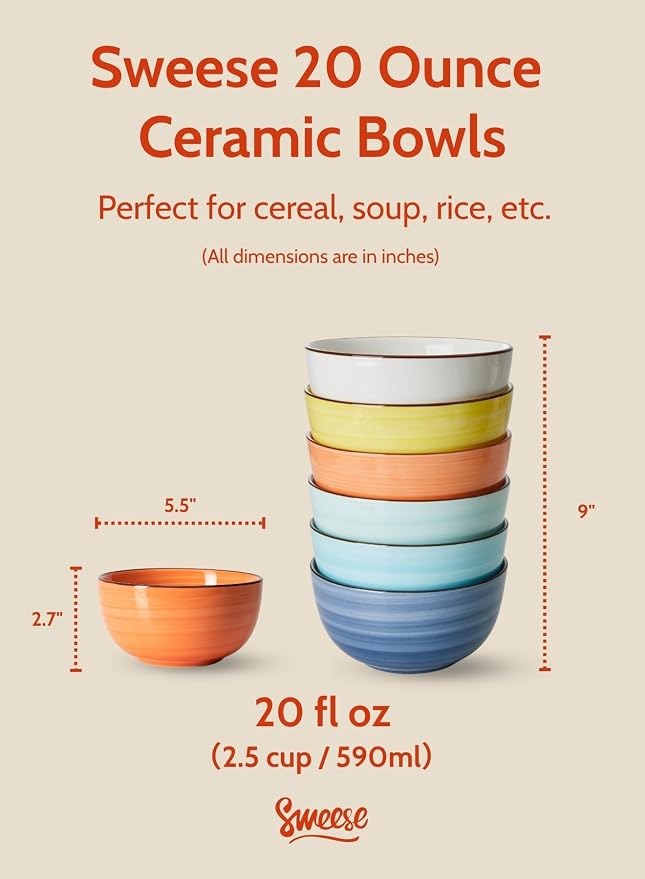 Sweese Cereal Bowl - 20 Oz Soup Bowls Set of 6 - Image 2