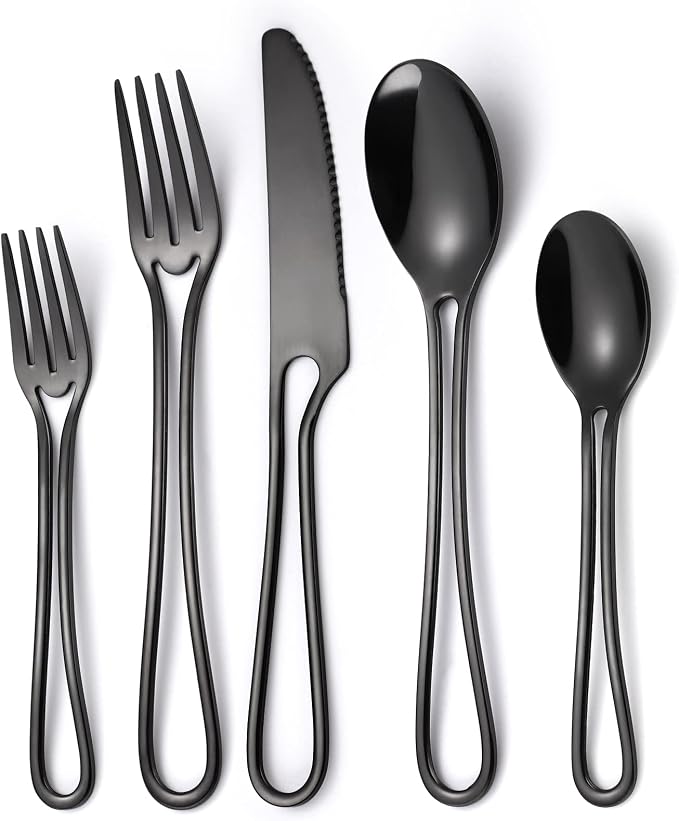 Black Silverware Set for 8, Modern 40 Piece Flatware Stainless Steel Hanging by MetalServingUtensils