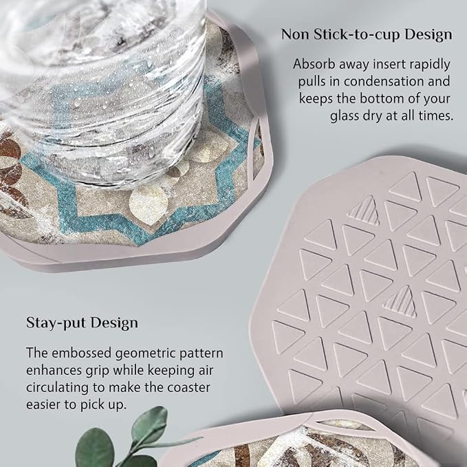 UMIRRO Absorbent Felt & Silicone Drink Coasters Set of 4, Vintage Floral | - Image 5
