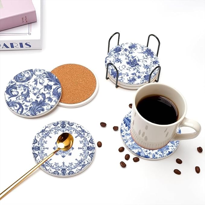 Absorbent Coasters for Drink Set of 6, Bule and White Coasters Cork Bases - Image 6