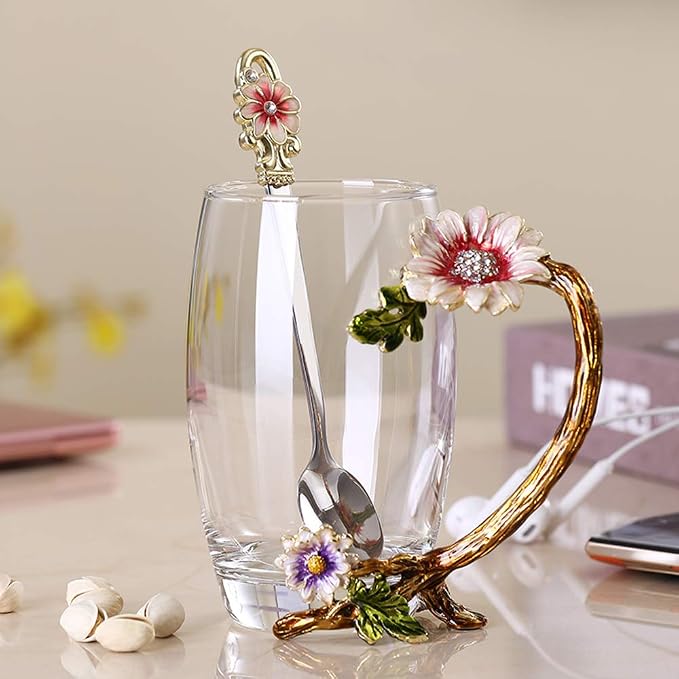 Enamel Sunflower Crystal Lead-Free Glass Tea Cup - Image 8