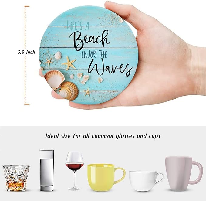 HUXJOKO Coasters for Drinks Set of 6, Seashells Starfish on Blue Wooden - Image 2