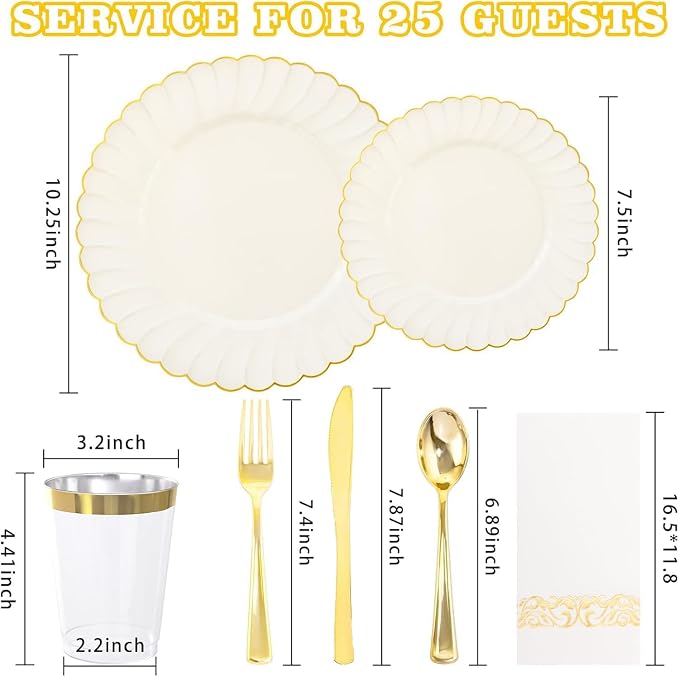 YOUBET 175PCS Ivory Scalloped Plastic Plates - Image 2