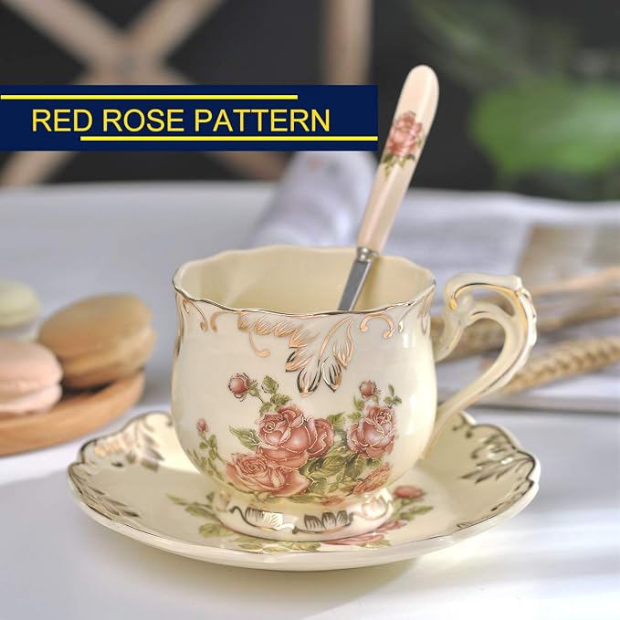 YOLIFE Tea Cups and Saucers Set of 2, 8 OZ Pink Rose Tea Cups Set | Ivory - Image 7