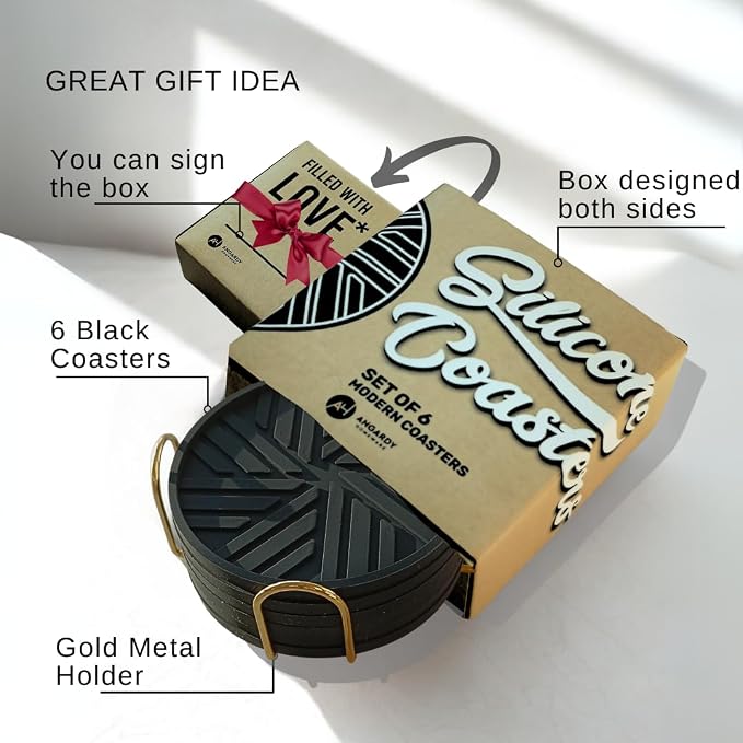 Black Coasters Set of 6 with Gold Holder, Silicone Coffee Mat Style Cup - Image 4