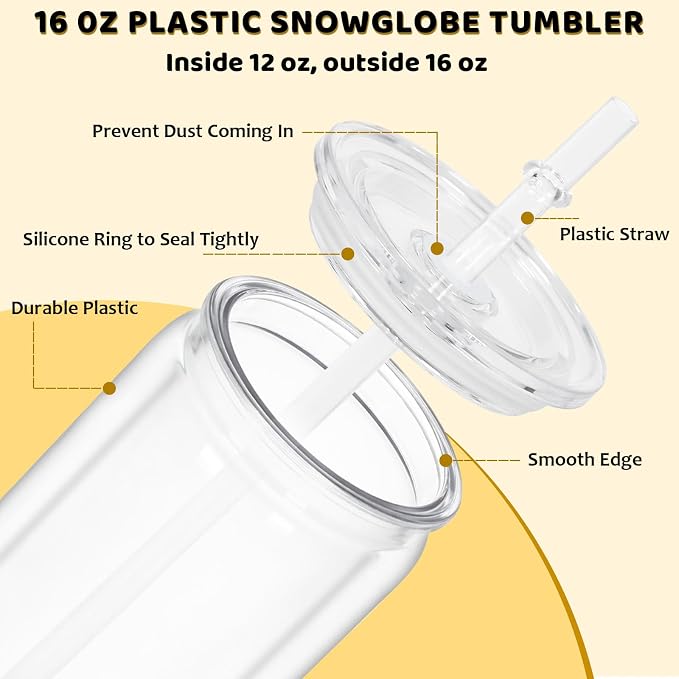 16 Oz Plastic Snowglobe Tumbler, 6 Pack Pre-Drilled Double Wall Plastic Clear - Image 2