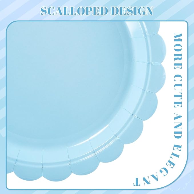 NatNarr 30 Pk Blue Dessert Cake Plates 7" Scalloped Light Blue Paper Plates | - Image 3