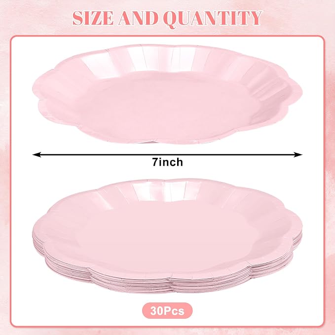 NatNarr 30 Pcs Pink Plates, 7 Inch Scalloped Pink Paper Plates Disposable | - Image 2