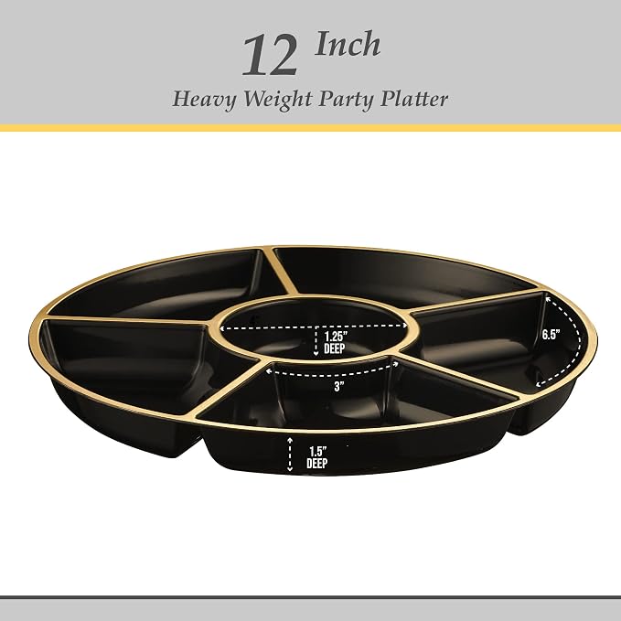 Plasticpro 6 Sectional Round Plastic Serving Tray/Platters Black & Gold Pack of - Image 6